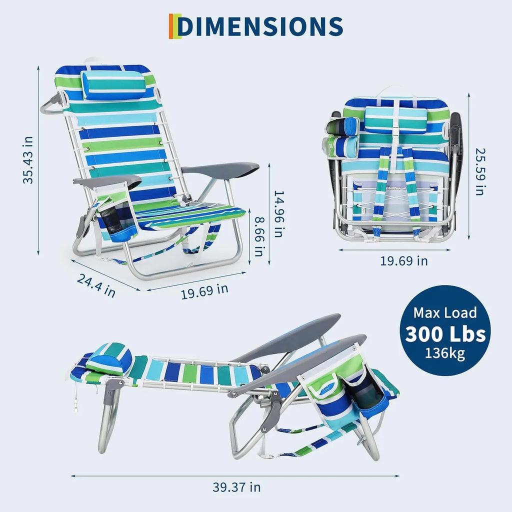 Portable Backpack Beach Chair Folding Chair w/5 Reclining Positions(Lay Flat)/Cup Holder/Phone Pocket for Adults,300LBS Capacity