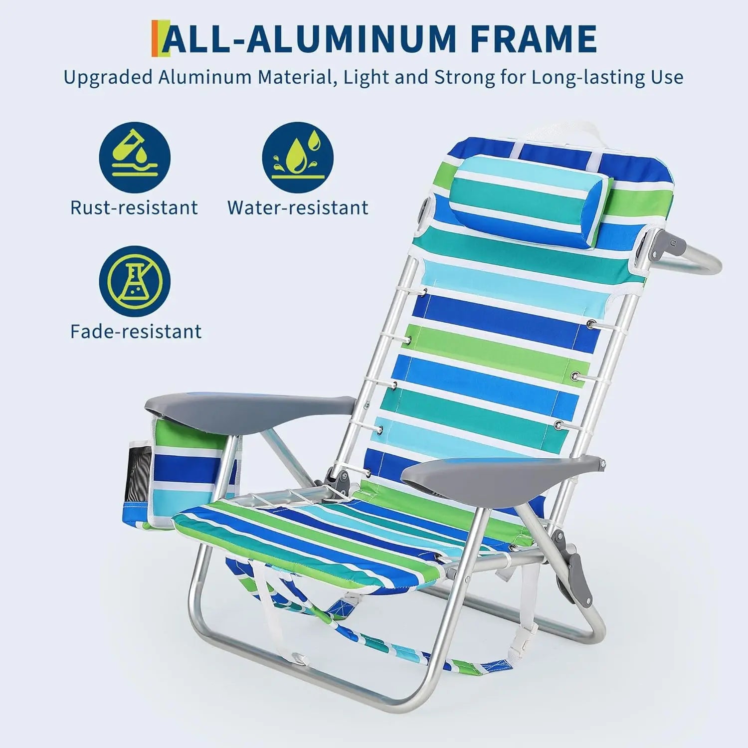 Portable Backpack Beach Chair Folding Chair w/5 Reclining Positions(Lay Flat)/Cup Holder/Phone Pocket for Adults,300LBS Capacity